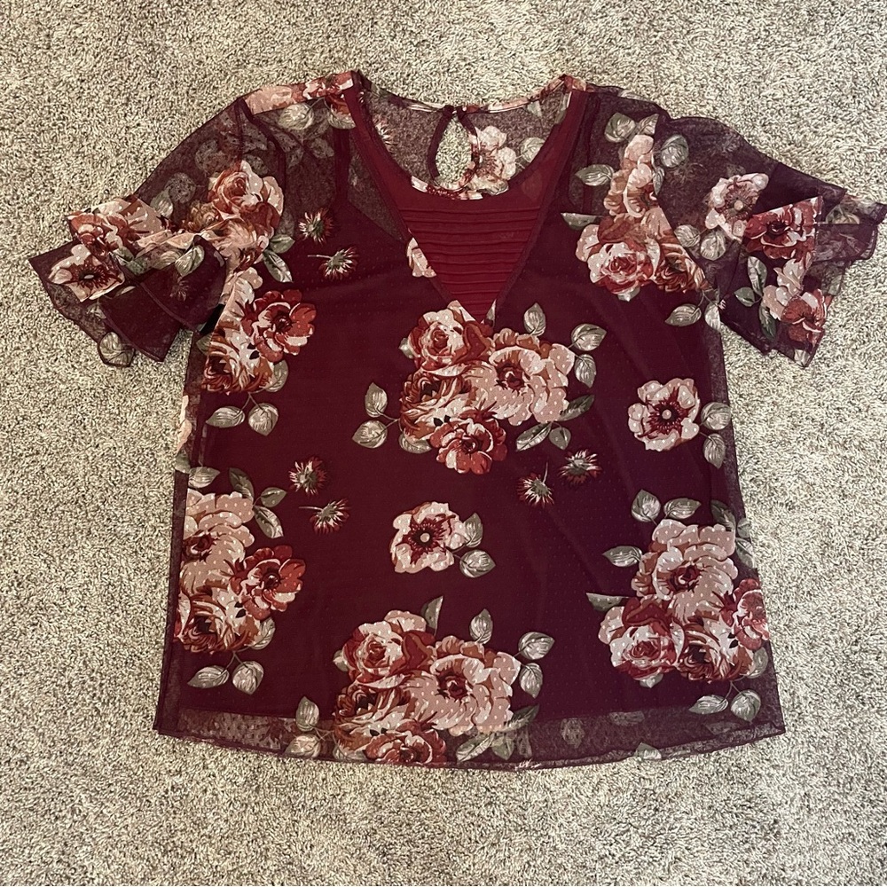 Maurice’s Floral Flutter Sleeve Top, Maroon, Size XL